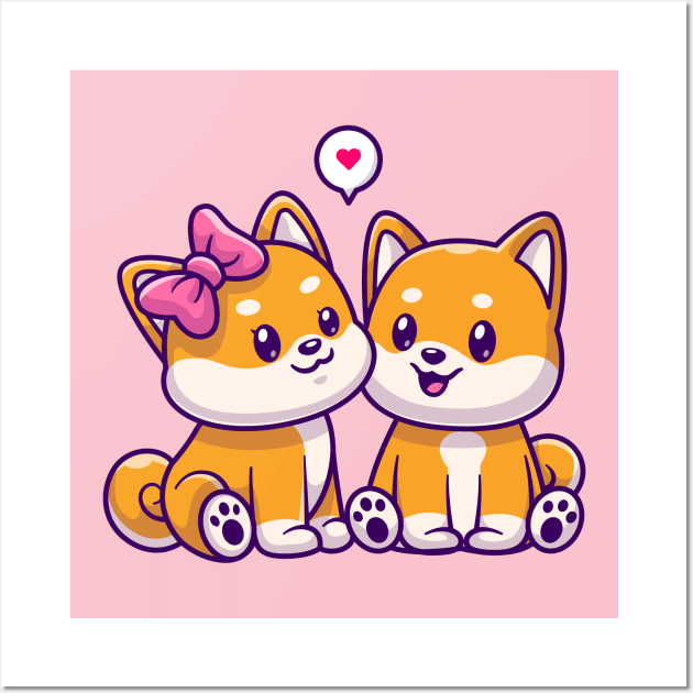 Cute Couple Shiba Inu Dog Sitting Cartoon Wall Art by Catalyst Labs